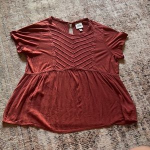 Knox Rose Womens Red Peplum Blouse Size L Short Sleeve V-Neck Rayon Summer Boho